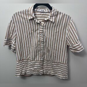 Jane and Delancey Brown and White Striped Button Down Shirt